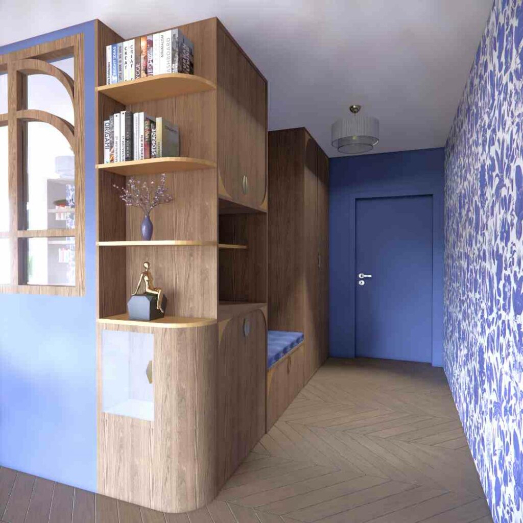 entrée avec meuble en bois et assise